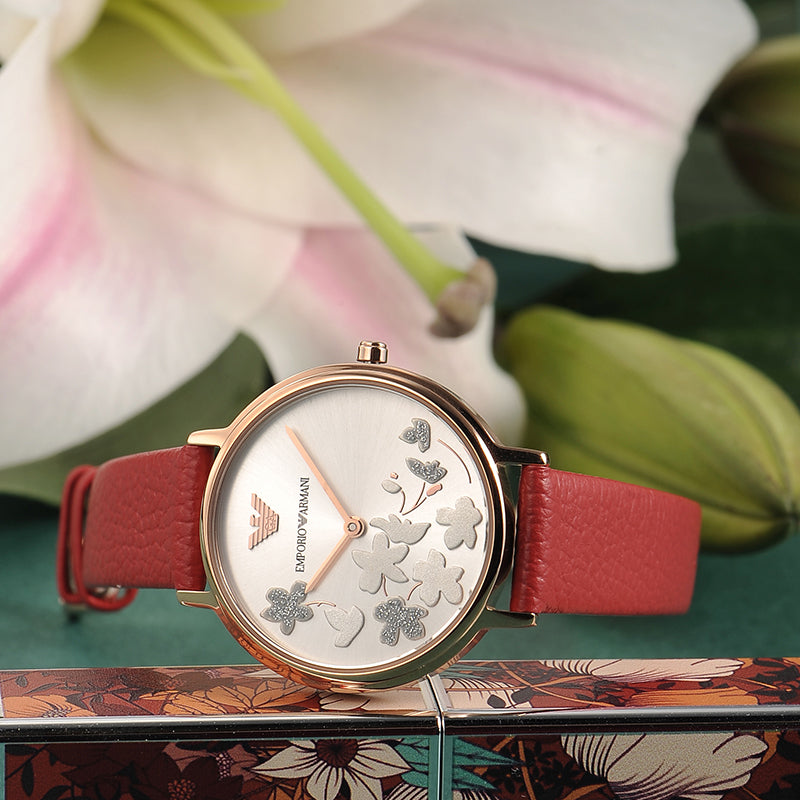 Emporio Armani Kappa Classic Quartz Silver Dial Red Leather Strap Watch For Women - AR11114 Buy Now By Emporio Armani