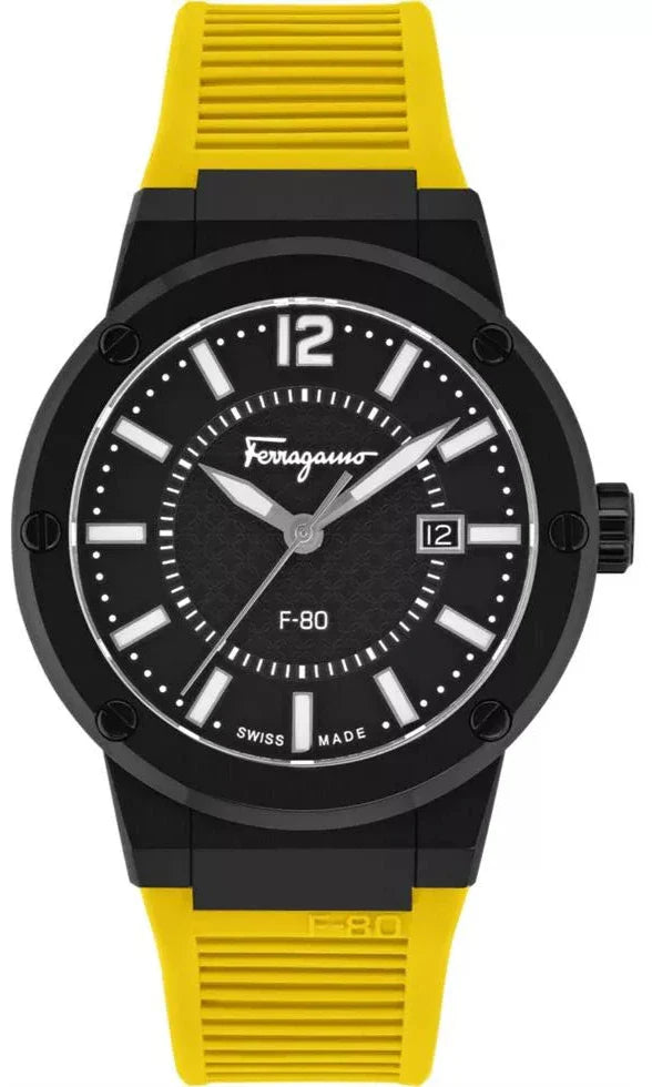Salvatore Ferragamo F-80 Classic Black Dial Yellow Rubber Strap Watch for Men - SFHY01522 Buy Now By Salvatore Ferragamo