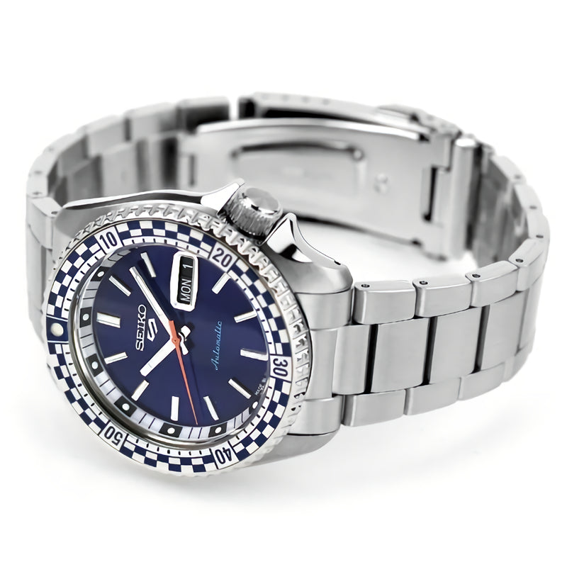 Seiko 5 Sports Petrol Blue Checker Flag Special Edition Blue Dial Silver Steel Strap Watch For Men - SRPK65K1 Buy Now By Seiko