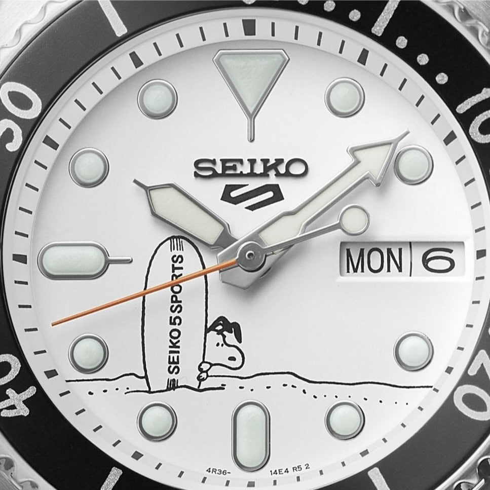 Seiko 5 Sports x Peanuts Surfboard Snoopy Limited Edition White Dial Two Tone NATO Strap Watch For Men - SRPK25K1 Buy Now By Seiko