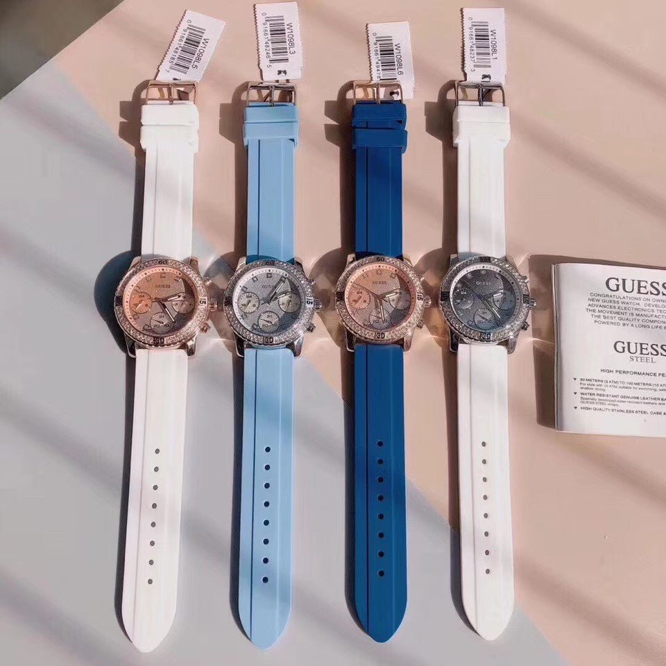 Guess Confetti Crystal Silver Dial Blue Rubber Strap Watch For Women - W1098L3 Buy Now By Guess