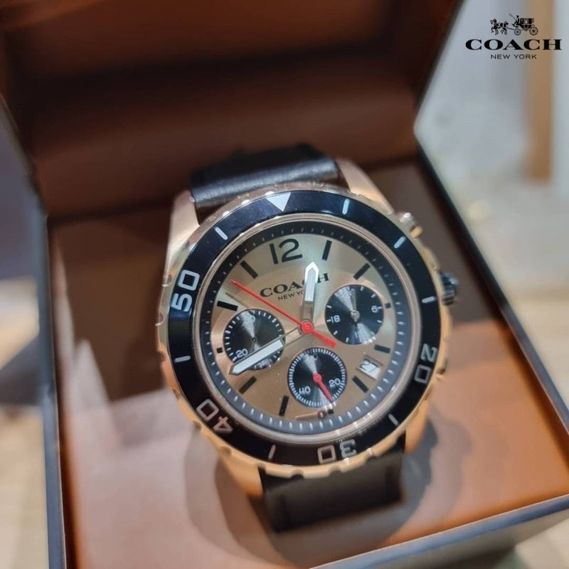 Coach Kent Chronograph Rose Gold Dial Black Leather Strap Watch for Men - 14602559 Buy Now By Coach