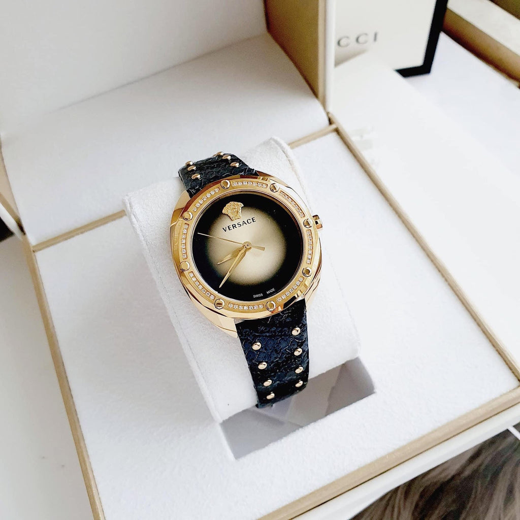 Versace Shadov Quartz Gold Dial Black Leather Strap Watch for Women - VEBM01118 Buy Now By Versace