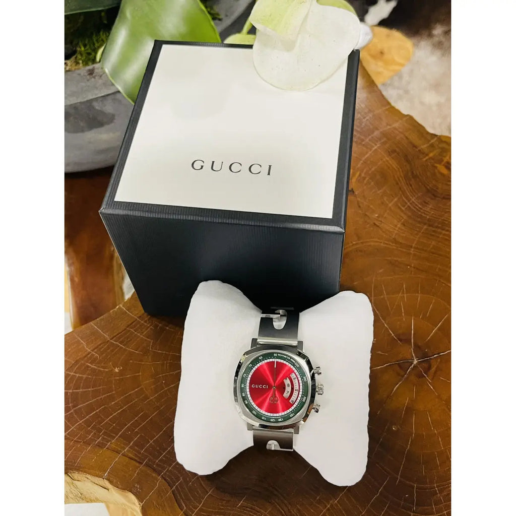 Gucci Grip Quartz Chronograph Red Dial Silver Steel Strap Watch For Men - YA157303 Buy Now By Gucci