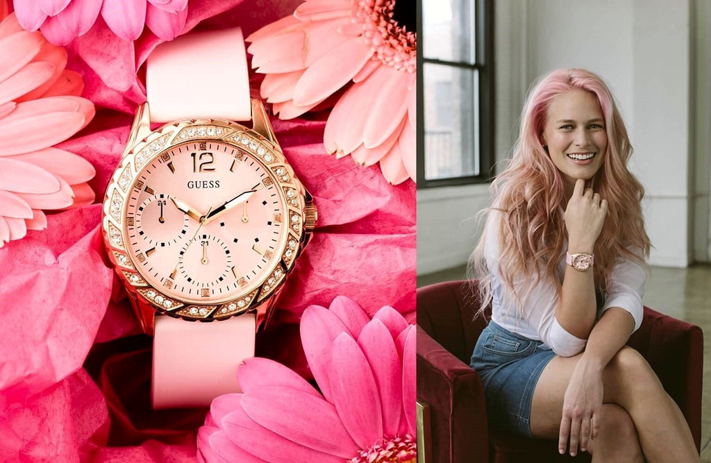 Guess Sparkling Diamonds Pink Dial Pink Rubber Strap Watch for Women - W0032L9 Buy Now By Guess