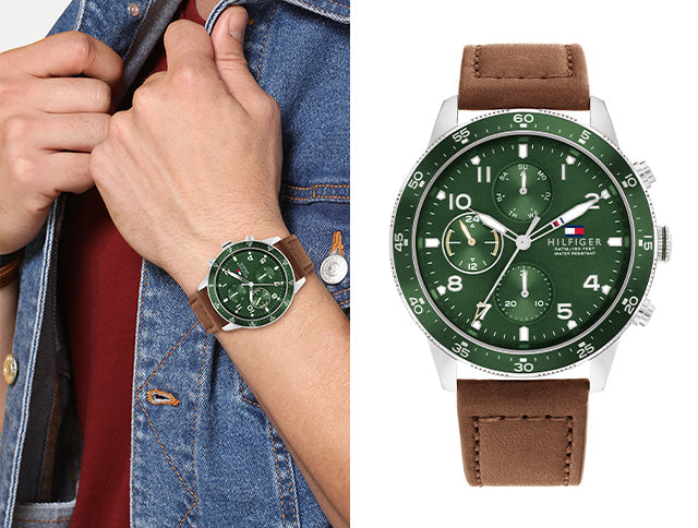 Tommy Hilfiger Jimmy Chronograph Green Dial Brown Leather Strap Watch For Men - 1791948 Buy Now By Tommy Hilfiger