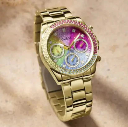 Guess Confetti Chronograph Rainbow Dial Gold Steel Strap Watch For Women - GW0483L4 Buy Now By Guess