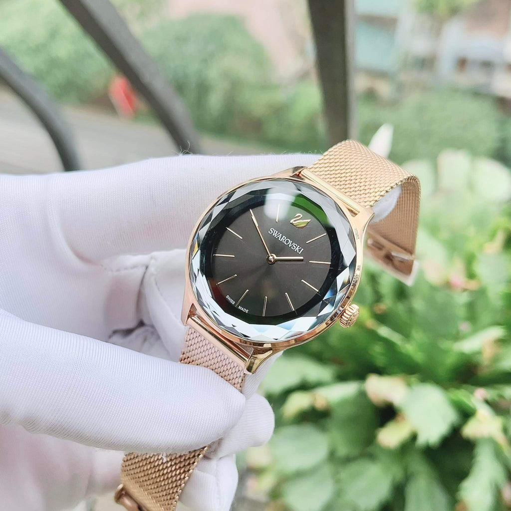 Swarovski Octea Nova Black Dial Rose Gold Mesh Bracelet Watch for Women - 5430424 Buy Now By Swarovski