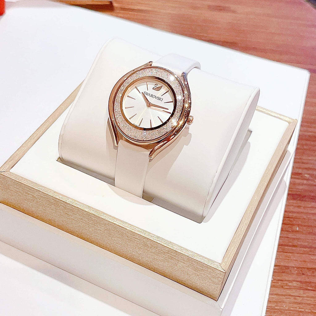 Swarovski Crystalline Aura Silver Dial White Leather Strap Watch for Women - 5519453 Buy Now By Swarovski