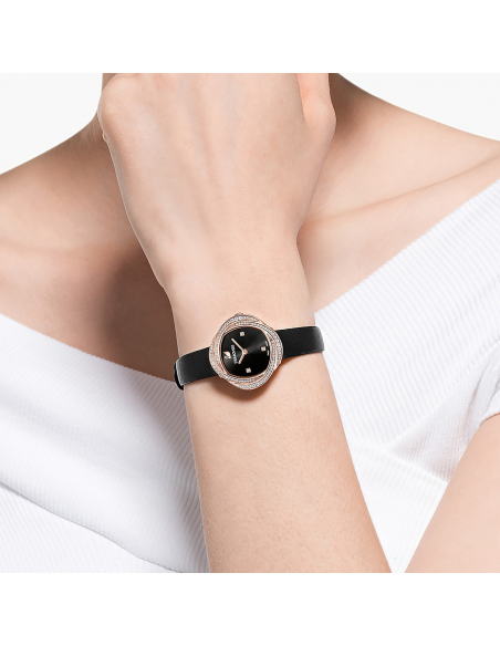 Swarovski Crystalline Pure Black Dial Black Leather Strap Watch for Women - 5275043