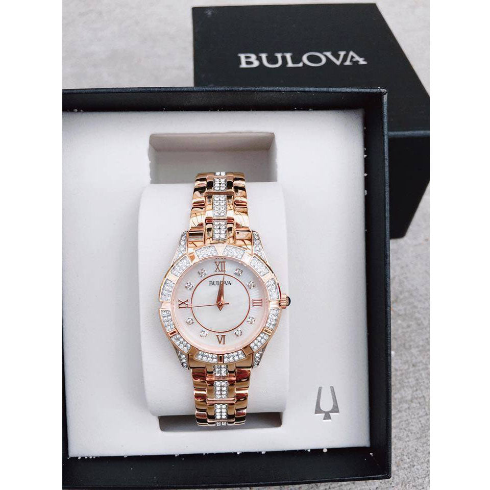 Bulova Crystal Mother of Pearl Dial Rose Gold Steel Strap Watch for Women - 98L197 Buy Now By Bulova