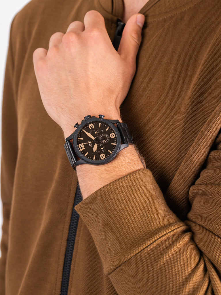 Fossil Nate Chrongraph Ion Plated Black Dial Black Steel Strap Watch for Men - JR1356 Buy Now By Fossil