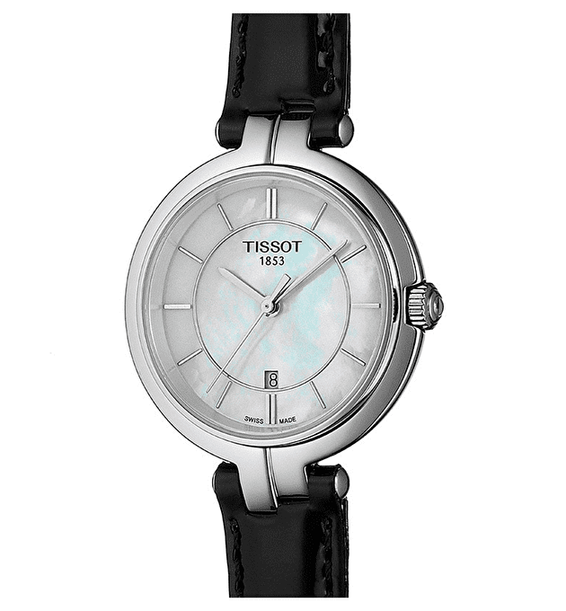 Tissot T Lady Flamingo Mother of Pearl White Dial Black Leather Strap Watch for Women - T094.210.16.111.00 Buy Now By Tissot
