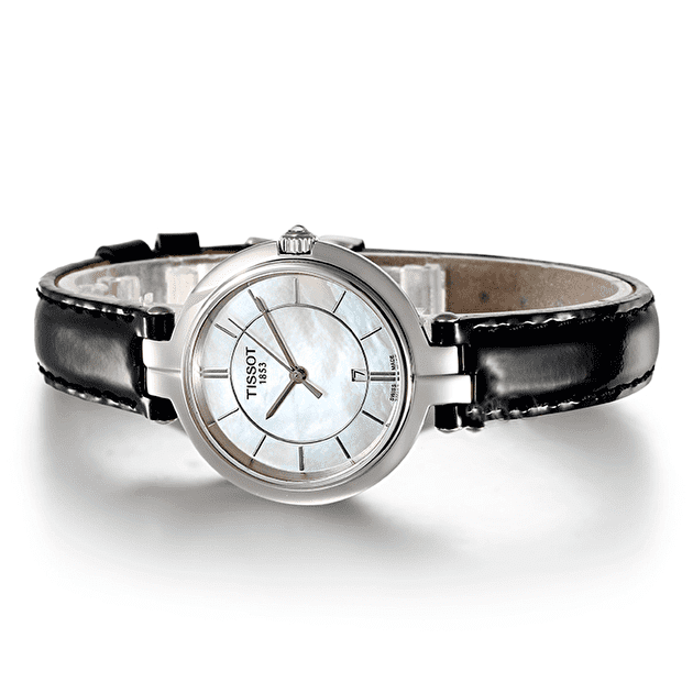 Tissot T Lady Flamingo Mother of Pearl White Dial Black Leather Strap Watch for Women - T094.210.16.111.00 Buy Now By Tissot