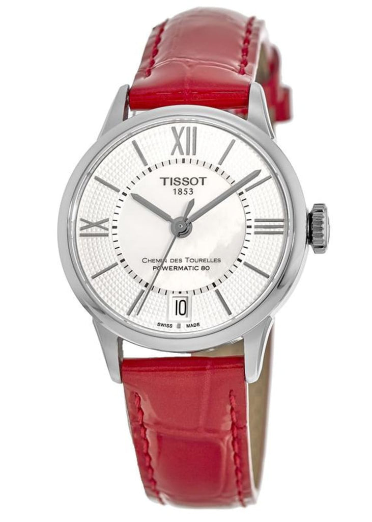 Tissot Chemin Des Tourelles Powermatic 80 Mother of Pearl White Dial Red Leather Strap Watch For Women - T099.207.16.118.00 Buy Now By Tissot