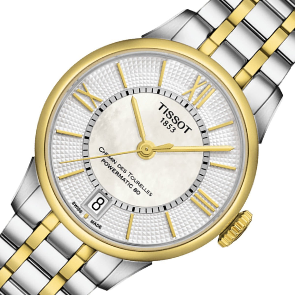 Tissot Chemin Des Tourelles Powermatic 80 Lady Mother of Pearl White Dial Two Tone Steel Strap Watch For Women - T099.207.22.118.00 Buy Now By Tissot