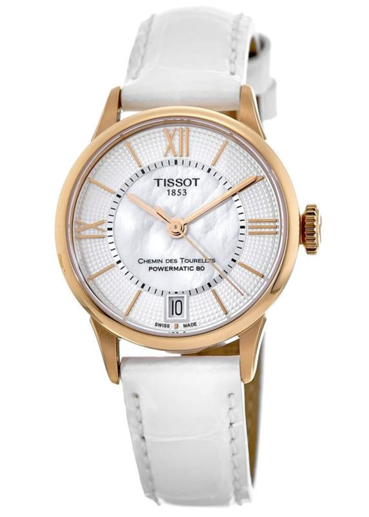 Tissot Chemin Des Tourelles Powermatic 80 Lady Silver Dial White Leather Strap Watch For Women - T099.207.36.118.00 Buy Now By Tissot