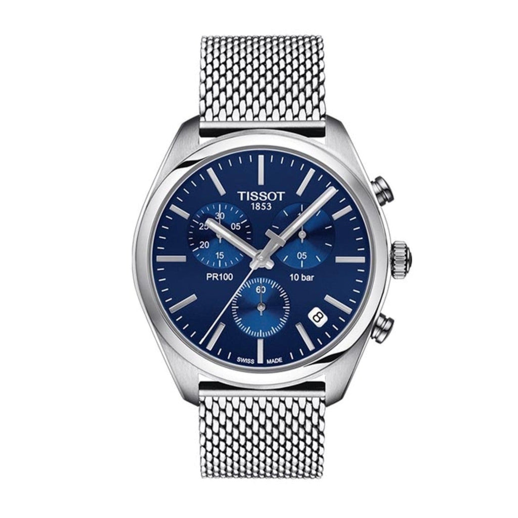 Tissot PR 100 Chronograph Blue Dial Silver Mesh Bracelet Watch for Men - T101.417.11.041.00 Buy Now By Tissot