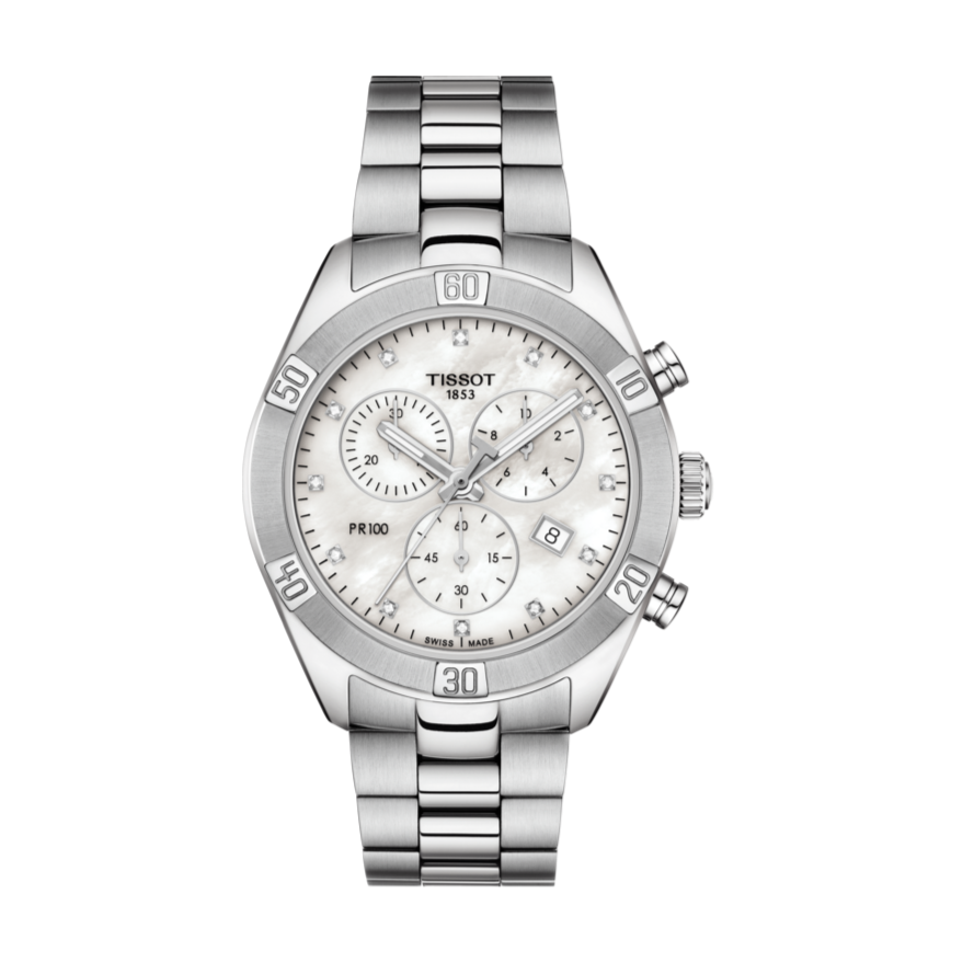 Tissot PR 100 Sport Chic Chronograph Diamonds Mother of Pearl Dial Silver Steel Strap Watch for Women - T101.917.11.116.00 Buy Now By Tissot