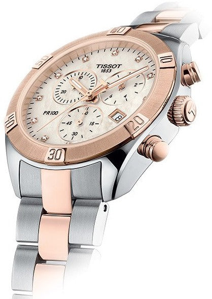 Tissot PR 100 Sport Chic Chronograph Diamonds Mother of Pearl Dial Two Tone Steel Strap Watch for Women - T101.917.22.116.00 Buy Now By Tissot