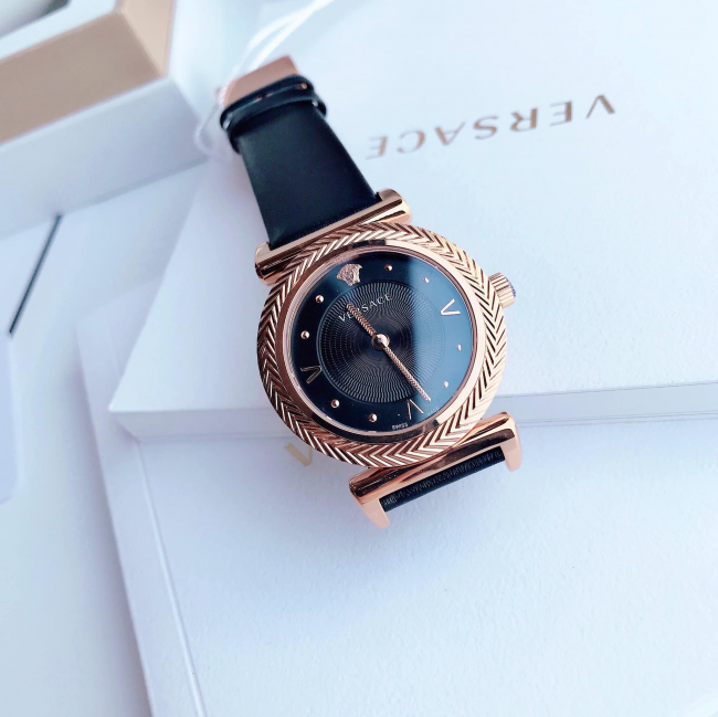 Versace V-Motif Vintage Logo Black Dial Black Leather Strap Watch for Women - VERE00818 Buy Now By Versace