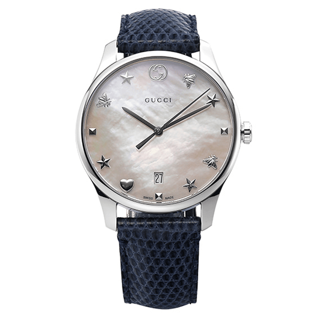 Gucci G-Timeless Signature Mother of Pearl Silver Dial Blue Leather Strap Watch For Women - YA1264049 Buy Now By Gucci