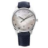 Gucci G-Timeless Signature Mother of Pearl Silver Dial Blue Leather Strap Watch For Women - YA1264049 Buy Now By Gucci