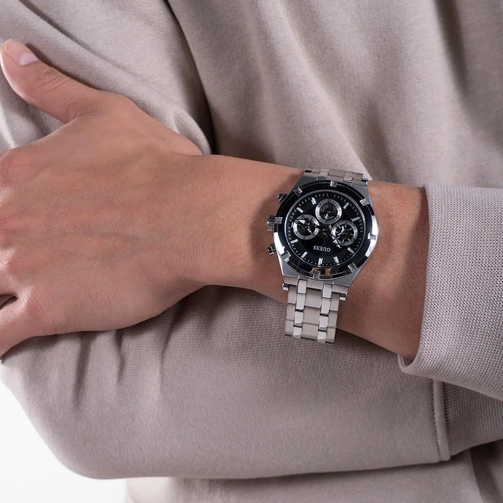 Guess Continental Black Dial Silver Steel Strap Watch for Men - GW0260G1 Buy Now By Guess