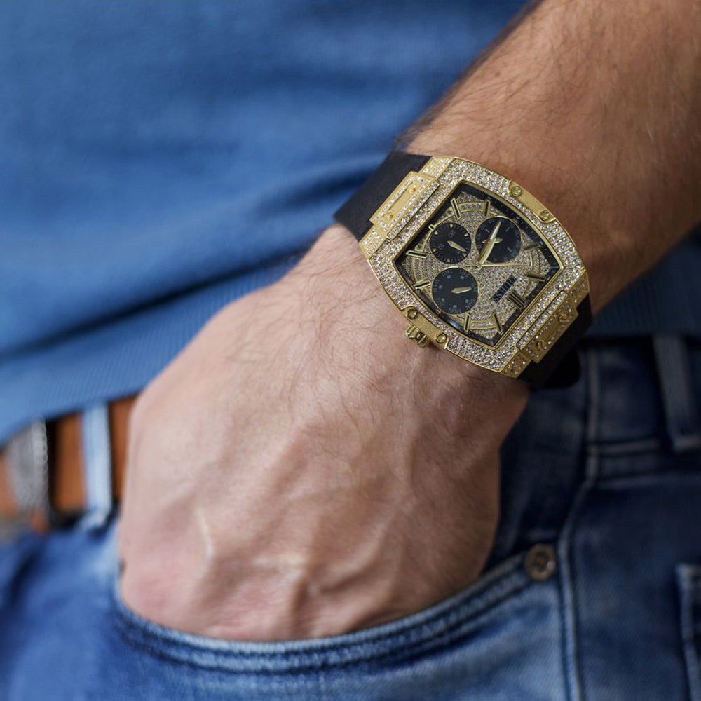 Guess Phoenix Multifunction Crystals Gold Dial Black Silicone Strap Watch For Men - GW0048G2 Buy Now By Guess