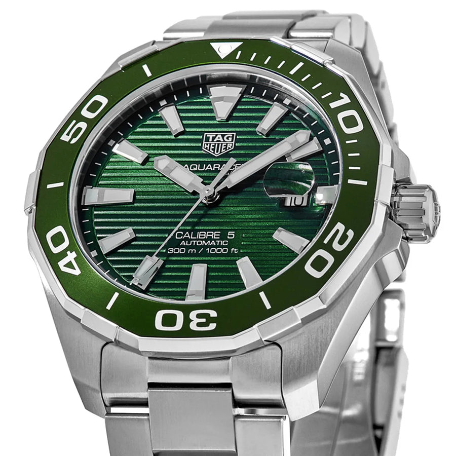 Tag Heuer Aquaracer Calibre 5 Green Dial Silver Steel Strap Watch for Men - WAY201S.BA0927 Buy Now By Tag Heuer