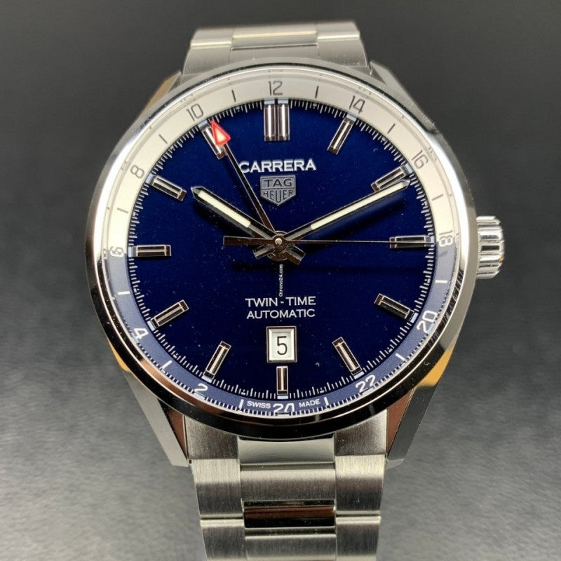 Tag Heuer Carrera Twin Time Blue Dial Silver Steel Strap Watch for Men - WBN201A.BA0640