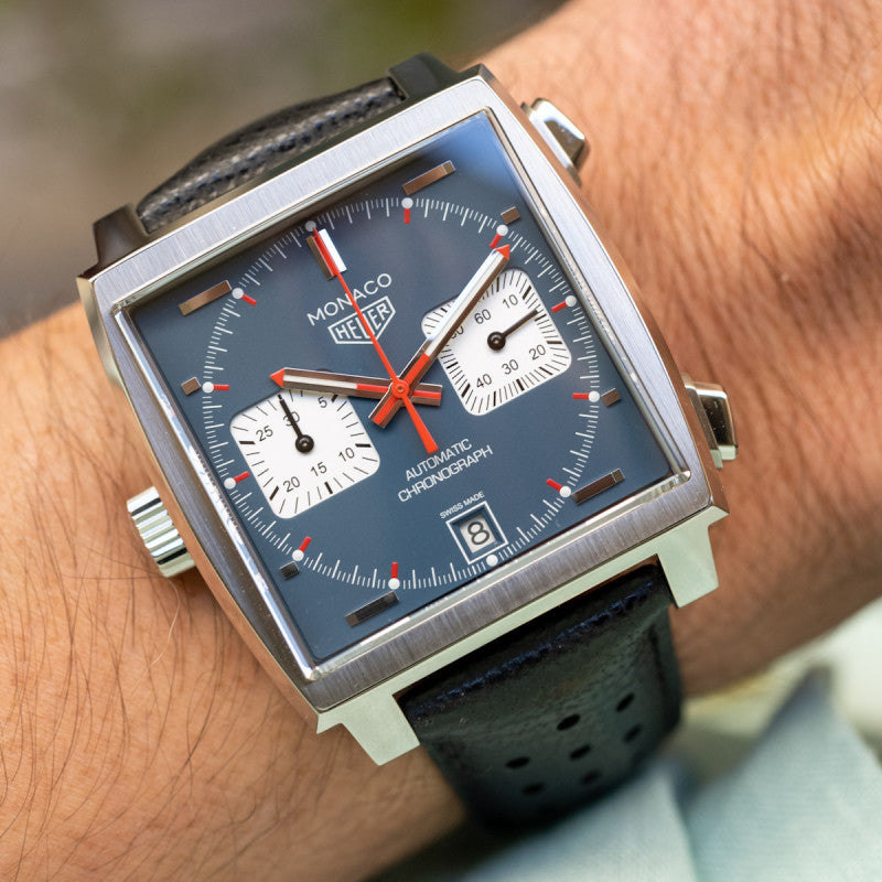 Tag Heuer Monaco Automatic Chronograph Blue Dial Black Leather Strap Watch for Men - CAW211P.FC6356 Buy Now By Tag Heuer
