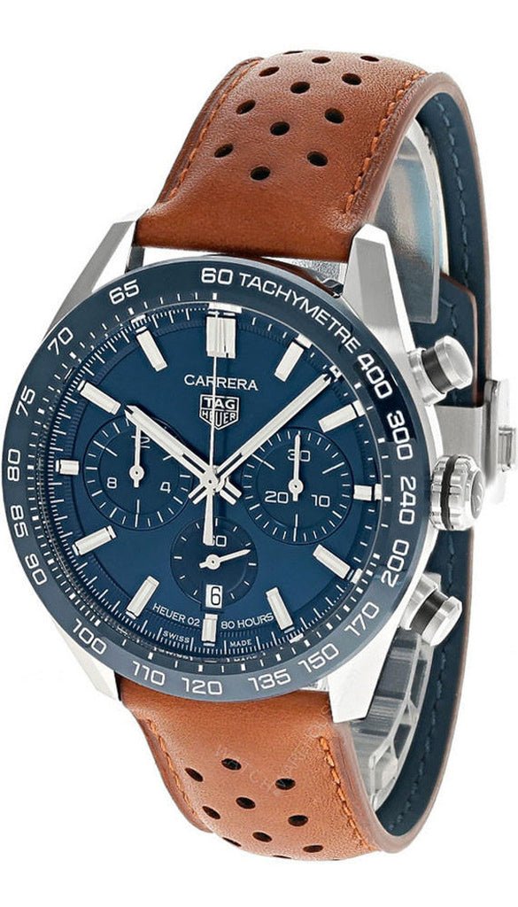 Tag Heuer Carrera Automatic Chronograph Blue Dial Brown Leather Strap Watch for Men - CBN2A1A.FC6537 Buy Now By Tag Heuer