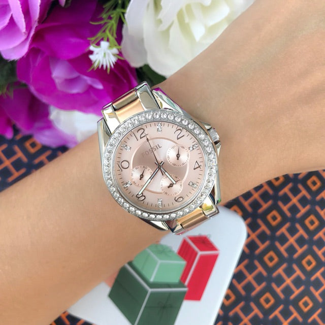 Fossil Riley Multifunction Rose Gold Dial Two Tone Steel Strap Watch for Women - ES4145 Buy Now By Fossil