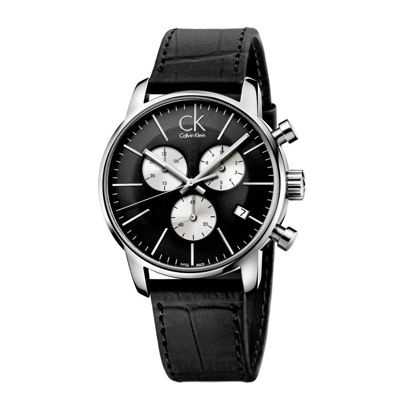 Calvin Klein City Chronograph Black Dial Black Leather Strap Watch for Men - K2G271CX Buy Now By Calvin Klein