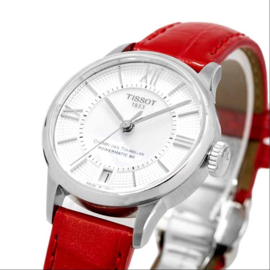 Tissot Chemin Des Tourelles Powermatic 80 Mother of Pearl White Dial Red Leather Strap Watch For Women - T099.207.16.118.00 Buy Now By Tissot
