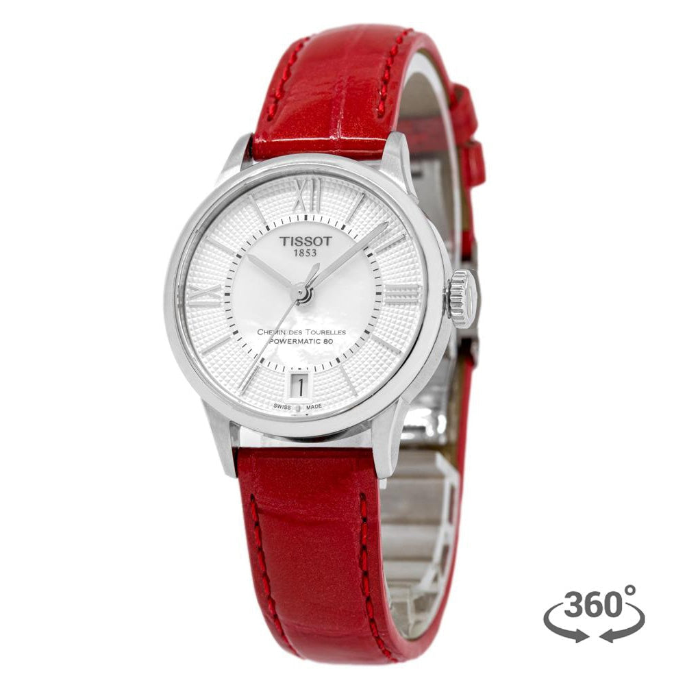 Tissot Chemin Des Tourelles Powermatic 80 Mother of Pearl White Dial Red Leather Strap Watch For Women - T099.207.16.118.00 Buy Now By Tissot