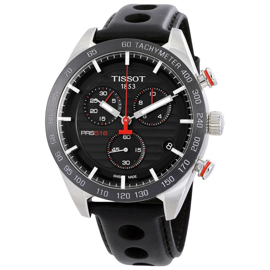 Tissot PRS 516 Chronograph Black Dial Black Leather Strap Watch For Men - T100.417.16.051.00 Buy Now By Tissot