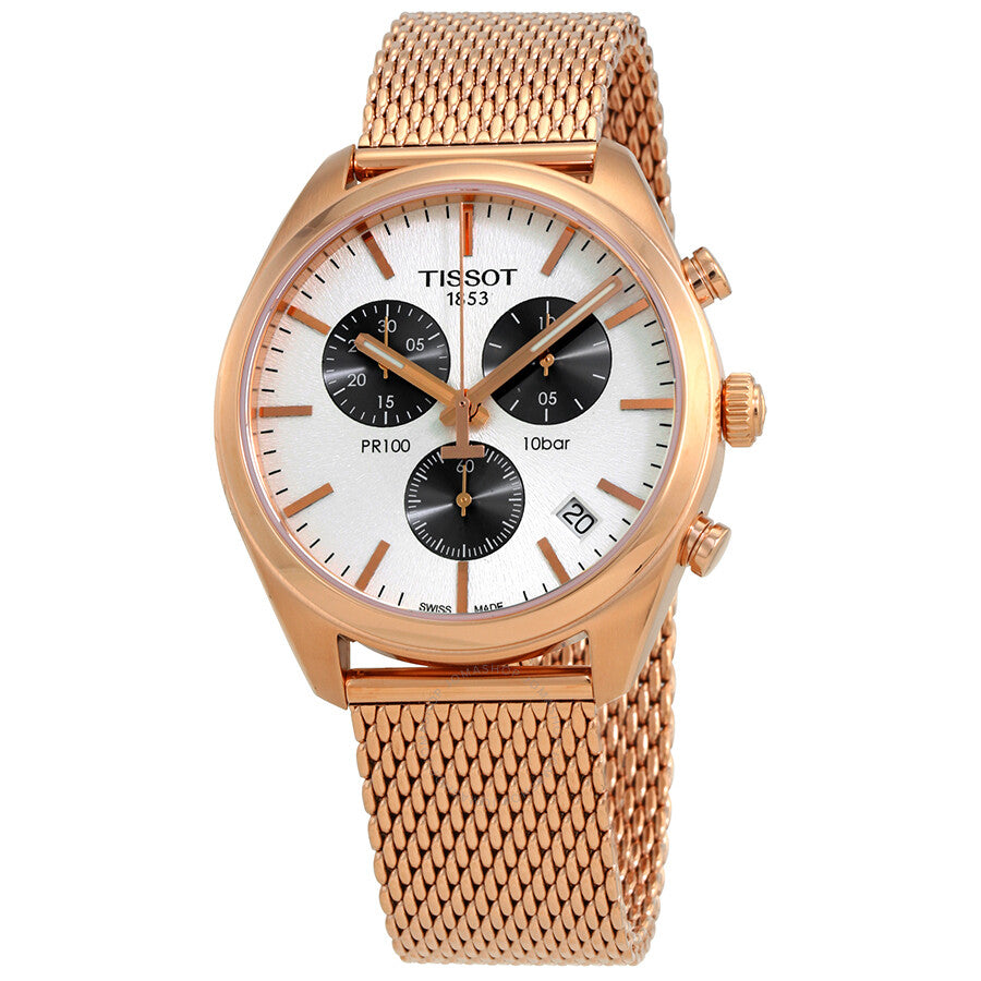 Tissot T Classic PR 100 Chronograph Silver Dial Rose Gold Mesh Bracelet Watch For Men - T101.417.33.031.01 Buy Now By Tissot