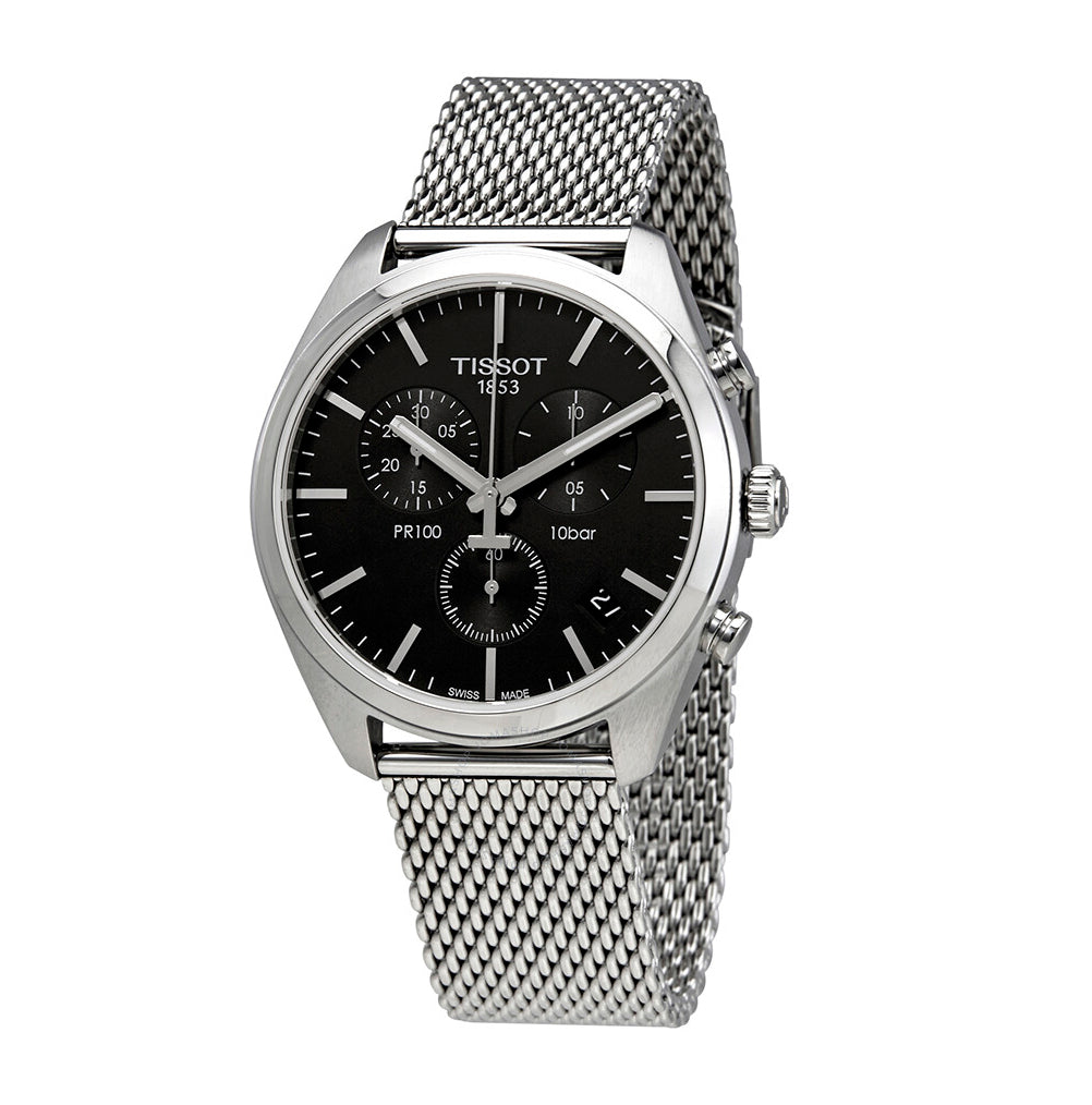 Tissot PR 100 Chronograph Black Dial Silver Mesh Bracelet Watch For Men - T101.417.11.051.01 Buy Now By Tissot