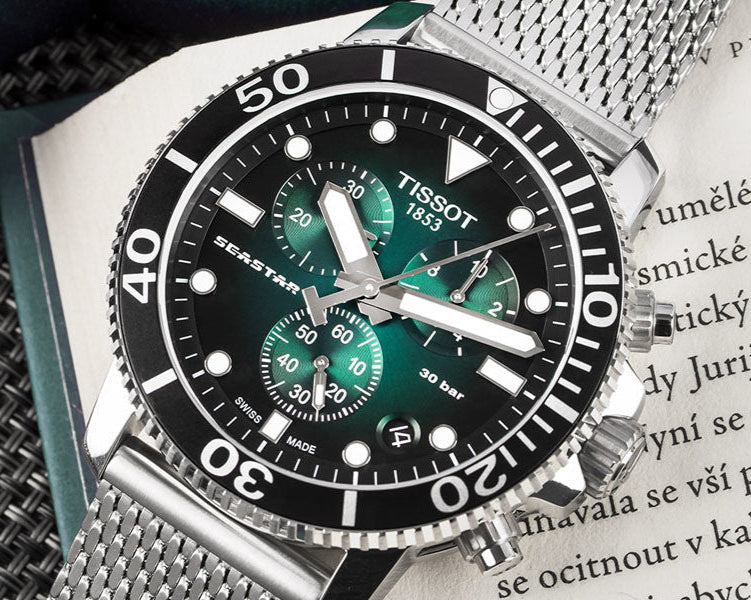 Tissot Seastar 1000 Chronograph Green Dial Silver Mesh Bracelet Watch For Men - T120.417.11.091.00 Buy Now By Tissot
