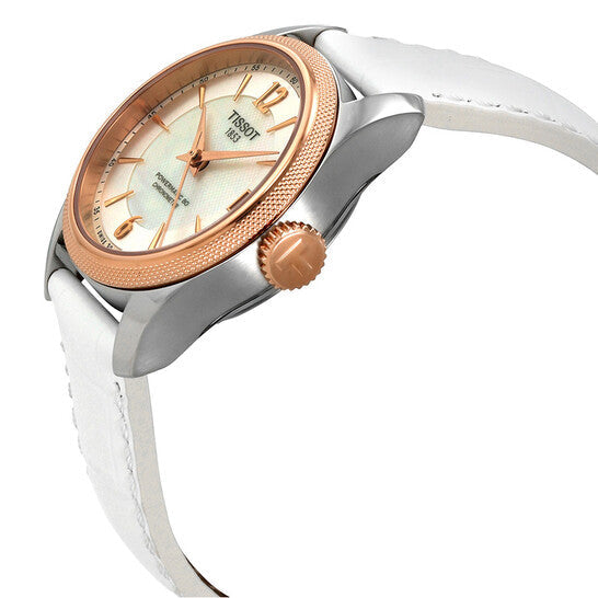 Tissot T-Classic Powermatic 80 Mother of Pearl Silver Dial White Leather Strap Watch For Women - T108.208.26.117.00 Buy Now By Tissot