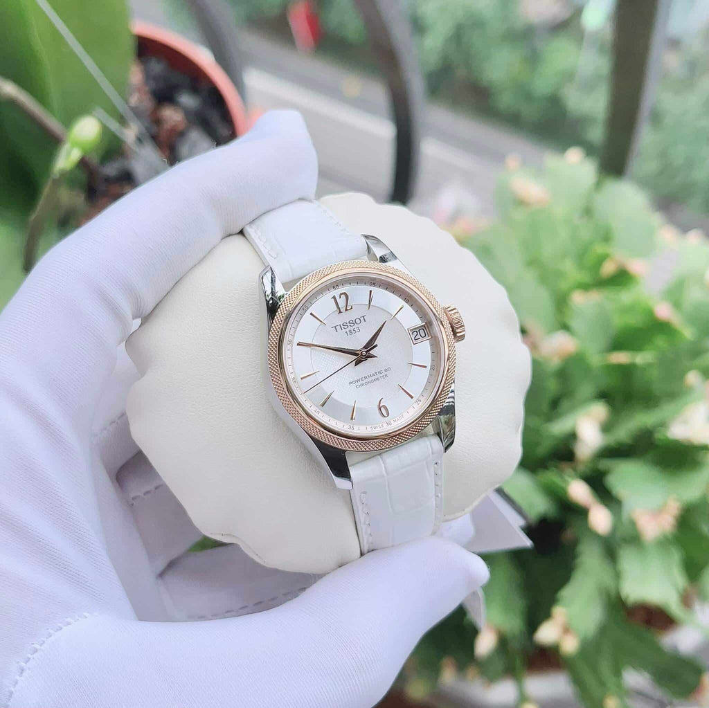 Tissot T-Classic Powermatic 80 Mother of Pearl Silver Dial White Leather Strap Watch For Women - T108.208.26.117.00