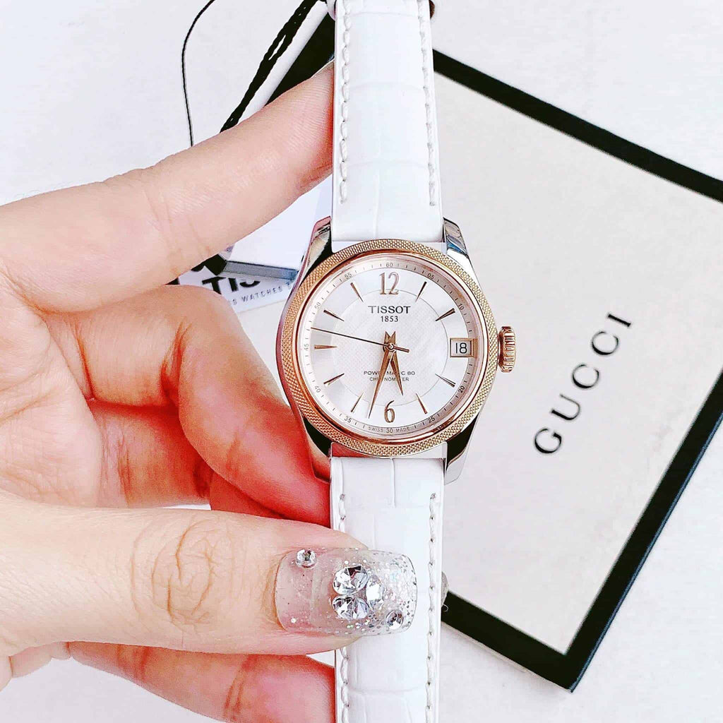 Tissot T-Classic Powermatic 80 Mother of Pearl Silver Dial White Leather Strap Watch For Women - T108.208.26.117.00 Buy Now By Tissot