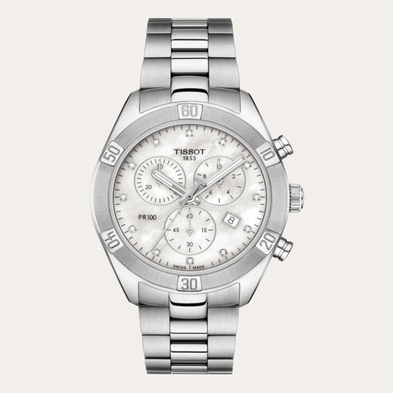 Tissot PR 100 Sport Chic Chronograph Diamonds Mother of Pearl Dial Silver Steel Strap Watch for Women - T101.917.11.116.00 Buy Now By Tissot