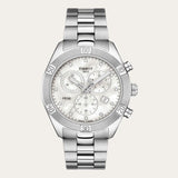 Tissot PR 100 Sport Chic Chronograph Diamonds Mother of Pearl Dial Silver Steel Strap Watch for Women - T101.917.11.116.00 Buy Now By Tissot