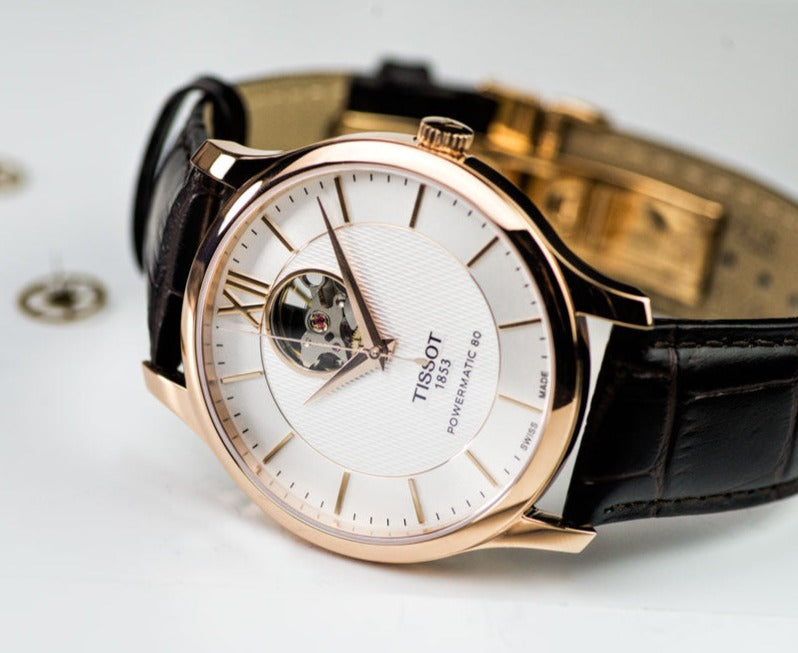 Tissot Tradition Powermatic 80 Open Heart Silver Dial Brown Leather Strap Watch For Men - T063.907.36.038.00 Buy Now By Tissot