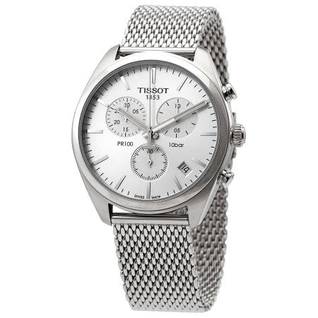 Tissot PR 100 Chronograph White Dial Silver Mesh Bracelet Watch For Men - T101.417.11.031.02 Buy Now By Tissot