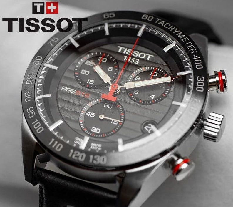 Tissot PRS 516 Chronograph Black Dial Black Leather Strap Watch For Men - T100.417.16.051.00 Buy Now By Tissot
