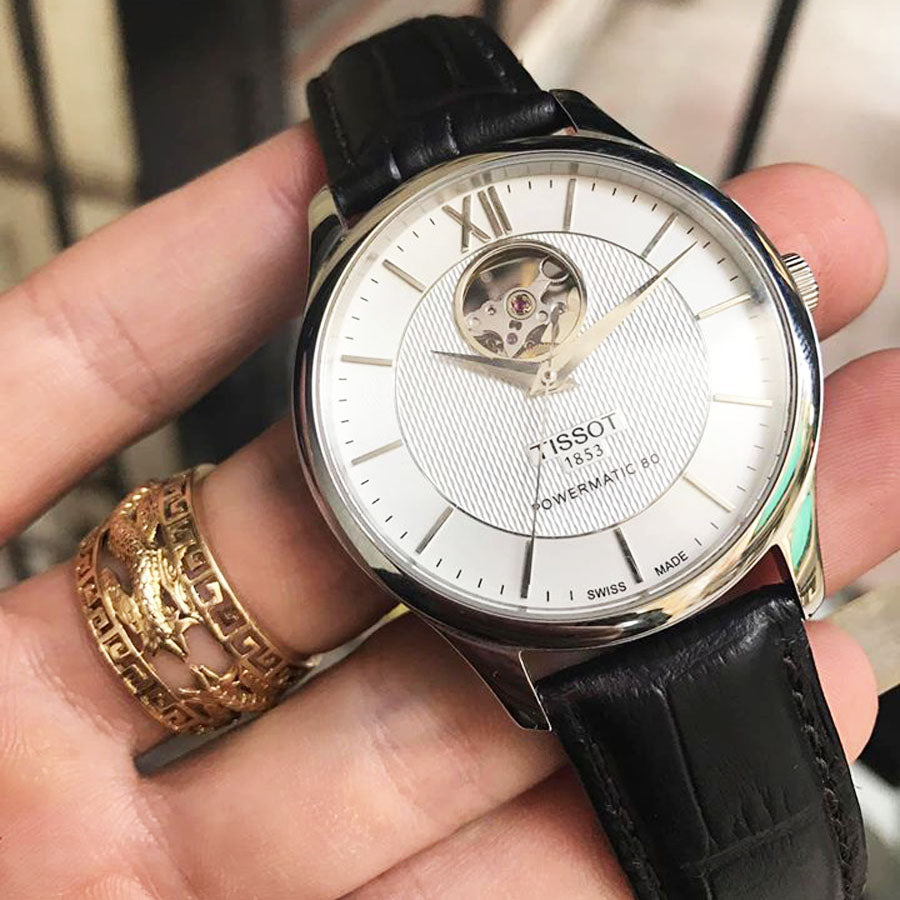 Tissot T Classic Tradition Powermatic 80 Open Heart Silver Dial Brown Leather Strap Watch for Men - T063.907.16.038.00 Buy Now By Tissot